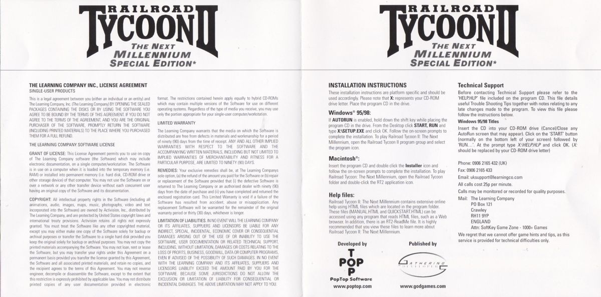Other for Railroad Tycoon II: The Next Millennium - Special Edition (Macintosh and Windows) (Softkey release): License & Installation Instructions