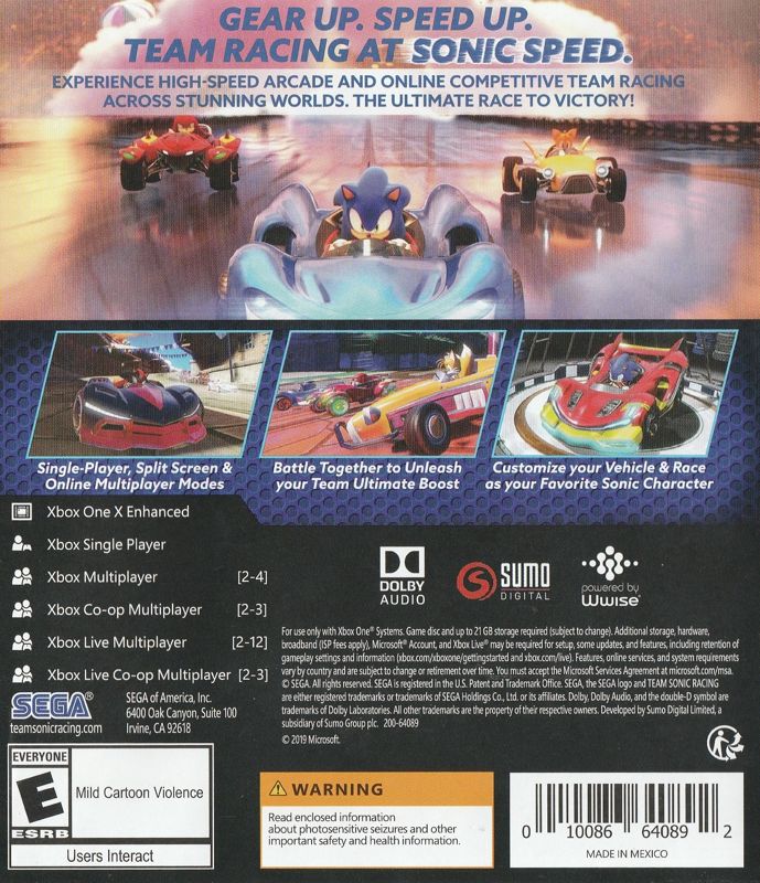 Back Cover for Team Sonic Racing (Xbox One)