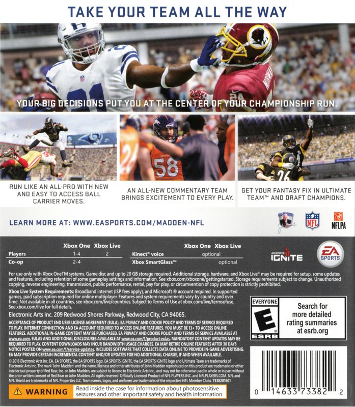 Back Cover for Madden NFL 17 (Xbox One)