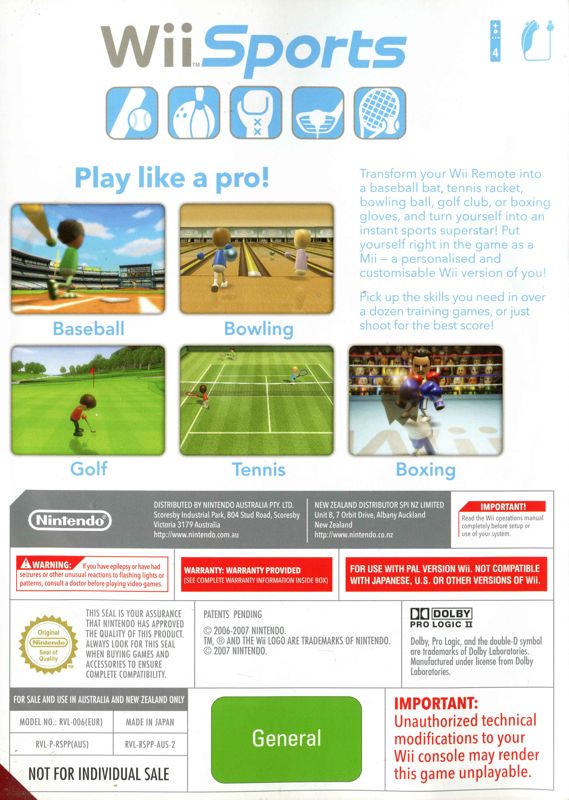 Back Cover for Wii Sports (Wii) (Alternate release)