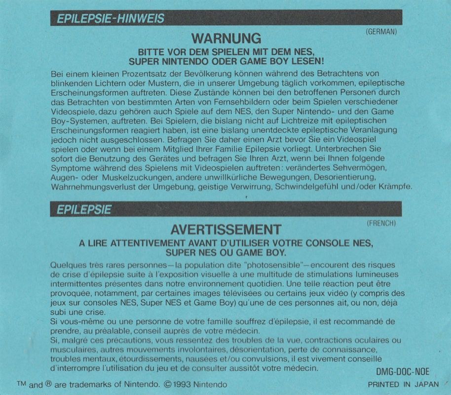 Extras for Mario's Picross (Game Boy): Epilepsy warning leaflet - Front