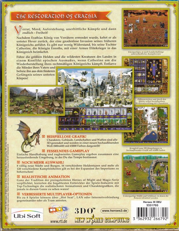 Back Cover for Heroes of Might and Magic III: The Restoration of Erathia (Windows) (Release incl. Sticker + PCdash Dashboard overlay)