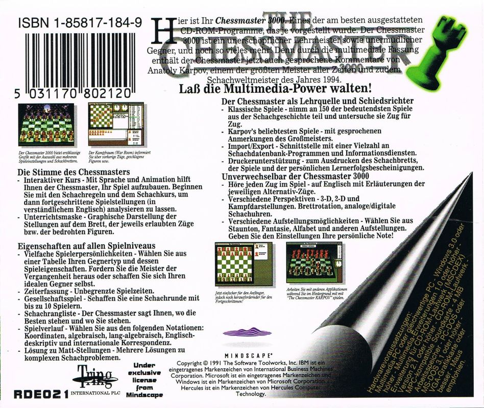 Back Cover for The Chessmaster 3000 (DOS and Windows 3.x) (Ergo Software release)