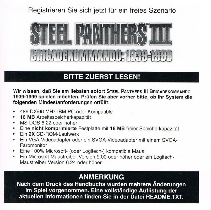 Extras for Steel Panthers III: Brigade Command - 1939-1999 (DOS): Install Instructions - Front
