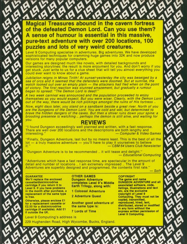 Back Cover for Dungeon Adventure (ZX Spectrum)