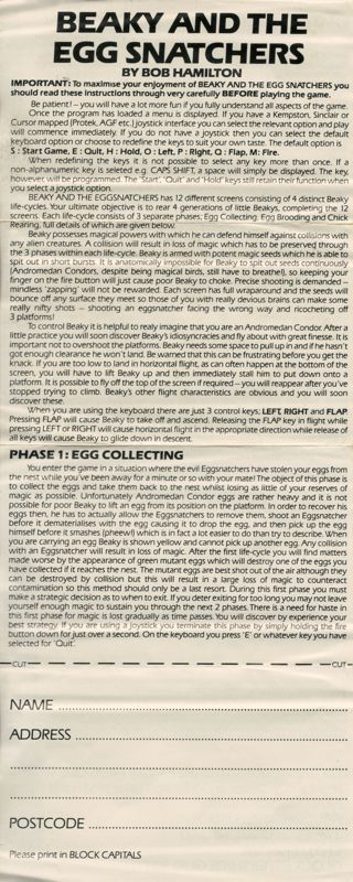 Inside Cover for Beaky and the Egg Snatchers (ZX Spectrum)