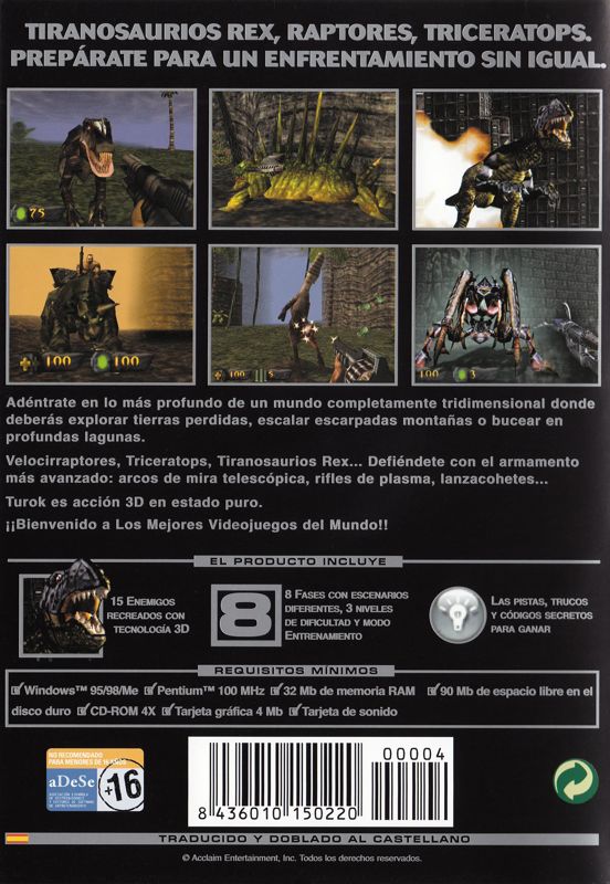 Back Cover for Turok: Dinosaur Hunter (Windows) (2002 Release, sold with "El Mundo" newspaper on 24/03/2002)