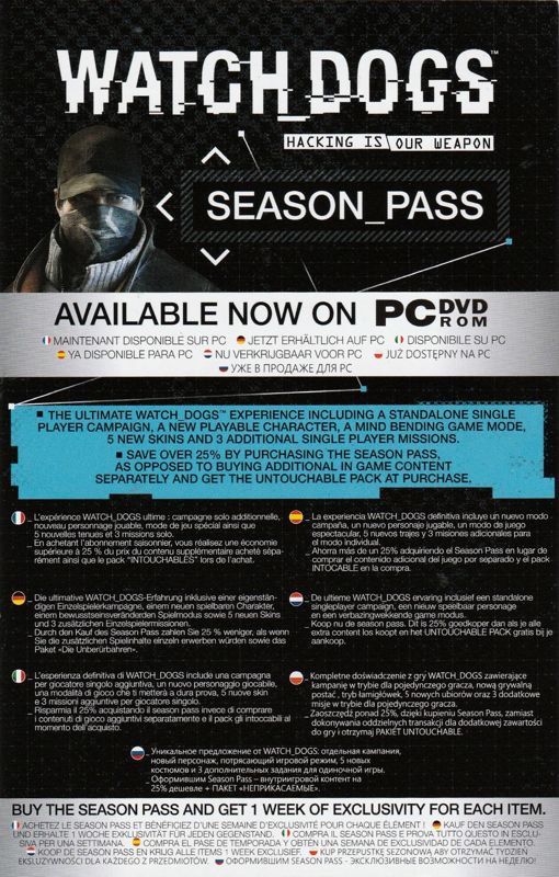 Advertisement for Watch_Dogs (DedSec Edition) (Windows): Season Pass