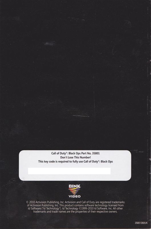 Manual for Call of Duty: Black Ops (Windows) (European English release): Back