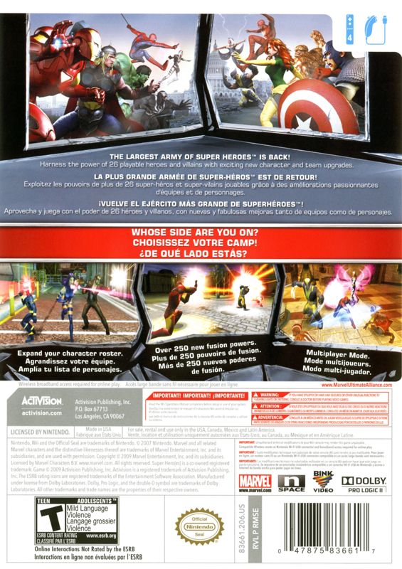 Back Cover for Marvel Ultimate Alliance 2 (Wii)