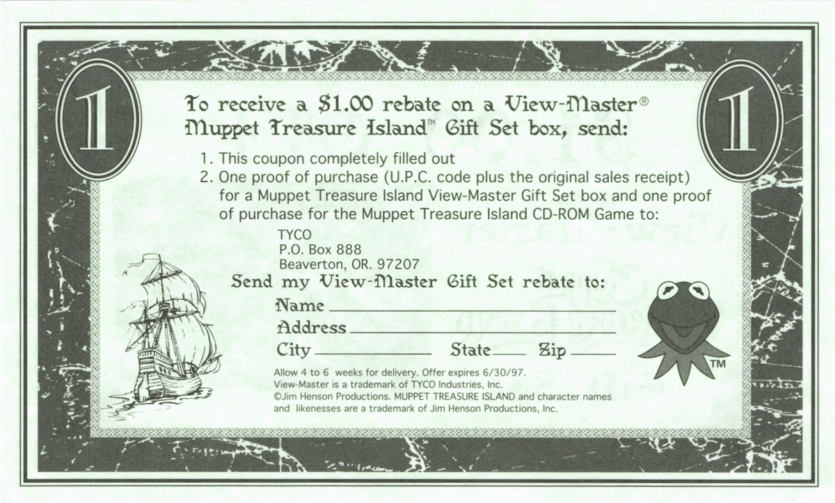 Advertisement for Muppet Treasure Island (Windows and Windows 16-bit): "Muppet Treasure Island View-Master Gift Set" Voucher - Back