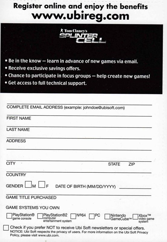 Other for Tom Clancy's Splinter Cell (Xbox): Registration card - survey side