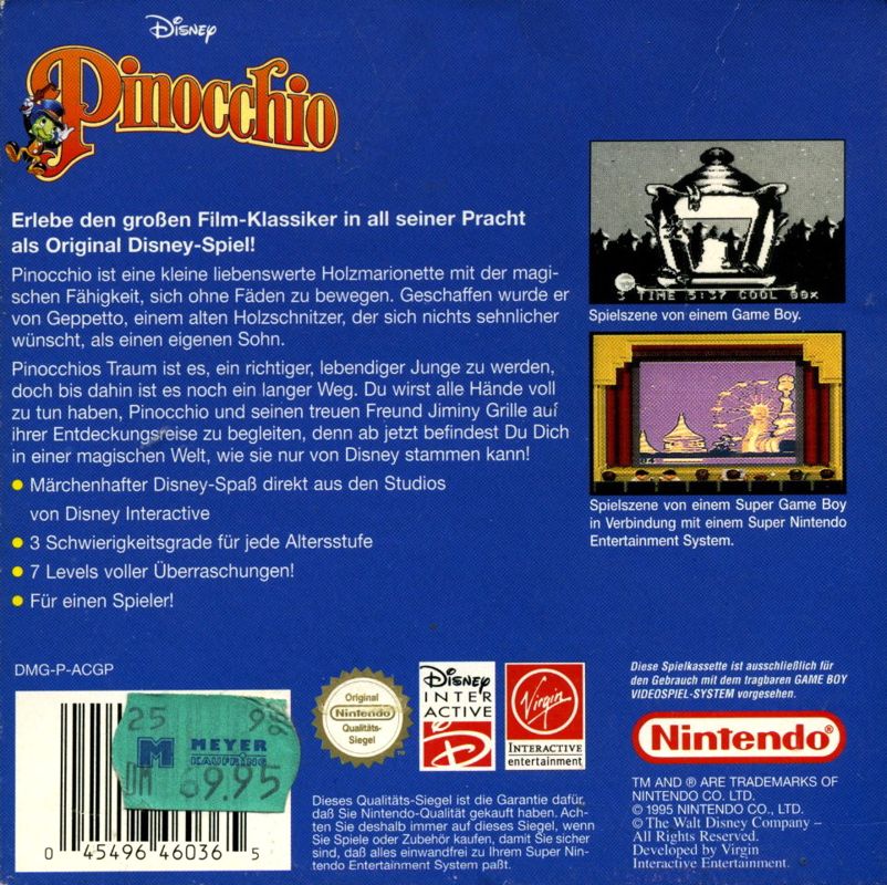 Back Cover for Pinocchio (Game Boy)