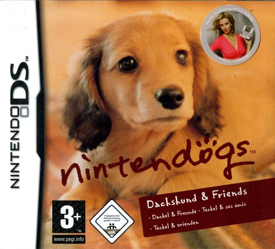 Front Cover for Nintendogs: Dachshund & Friends (Nintendo DS) (Dachshund & Friends Version): with advertising sticker showing modell Eva Padberg with Nintendo DS and German text