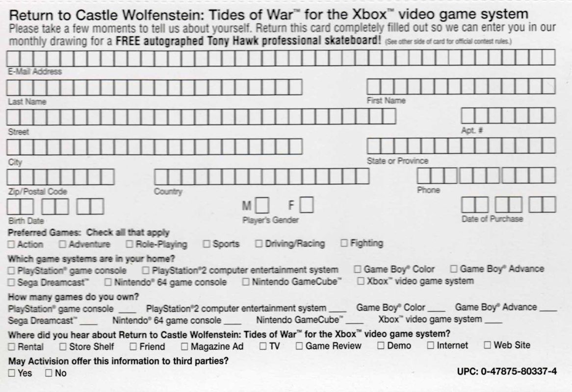 Other for Return to Castle Wolfenstein: Tides of War (Xbox): Registration card - survey side