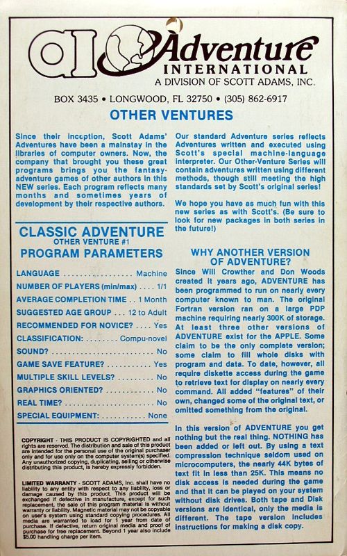 Back Cover for Classic Adventure (Apple II)