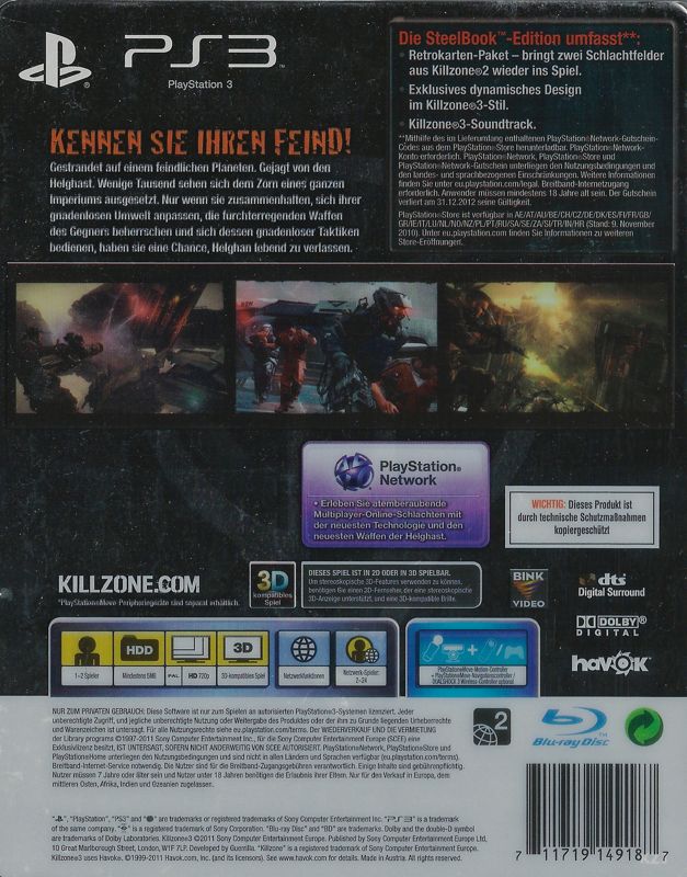 Back Cover for Killzone 3 (Collector's Edition) (PlayStation 3): Steelbook with Sleeve