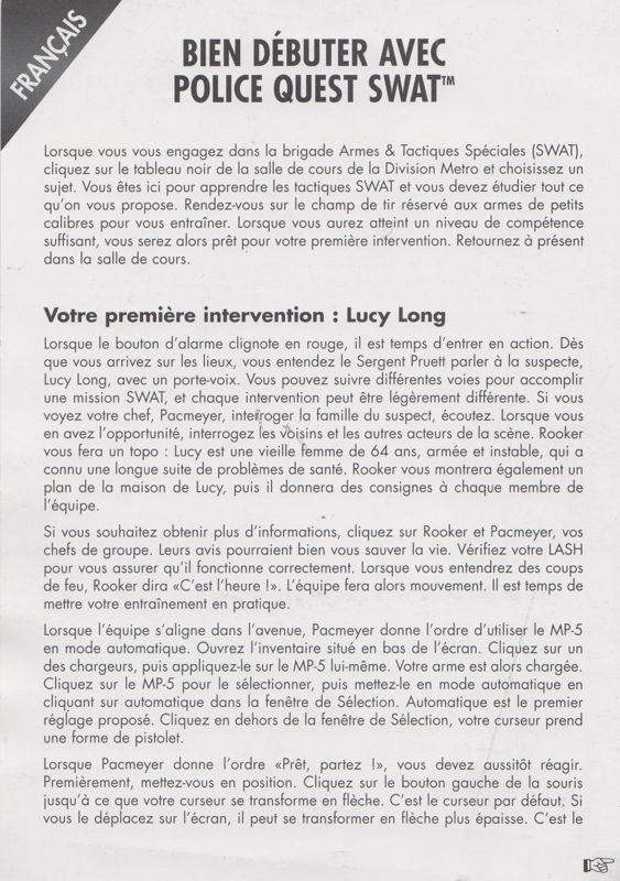 Extras for Daryl F. Gates' Police Quest: SWAT (DOS and Windows and Windows 3.x) (1st French release (Game=English/Manual=French)): 2-page Quick Start Guide - Front
