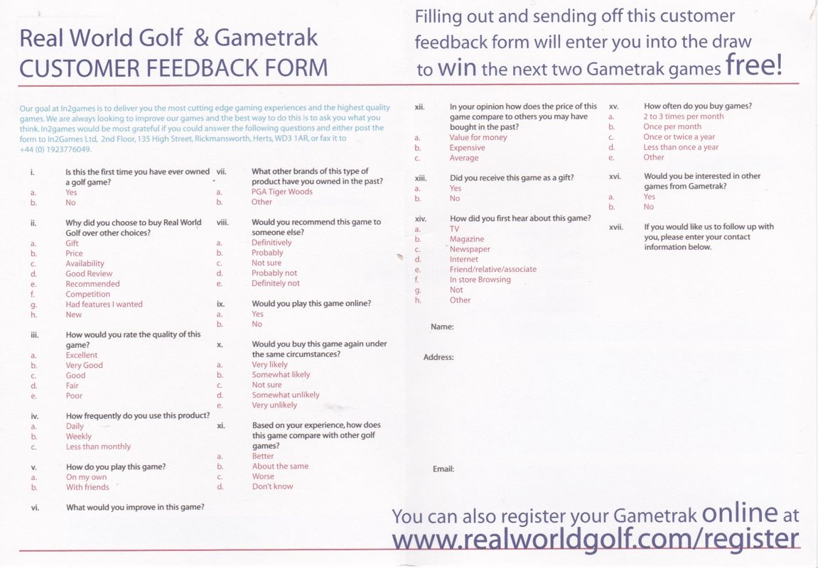 Other for Real World Golf (Windows) (Gametrak system plus game): Customer Feedback Form: Back
