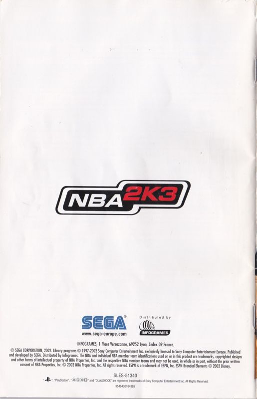 Manual for NBA 2K3 (PlayStation 2): Back