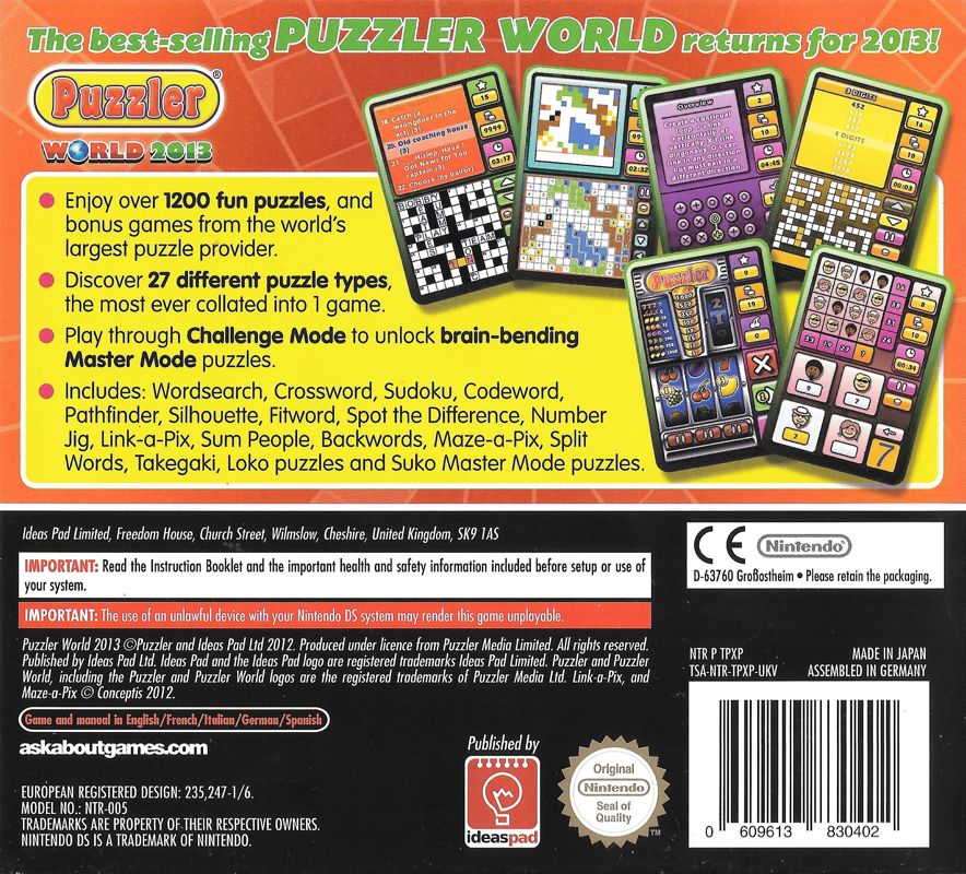 Back Cover for Puzzler World 2013 (Nintendo DS)