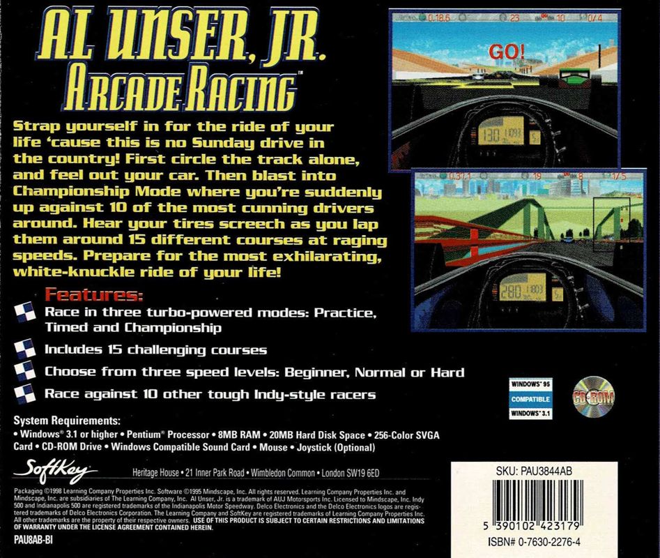 Back Cover for Al Unser, Jr. Arcade Racing (Windows) (SoftKey release)