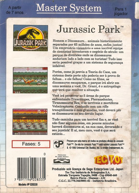 Back Cover for Jurassic Park (SEGA Master System)