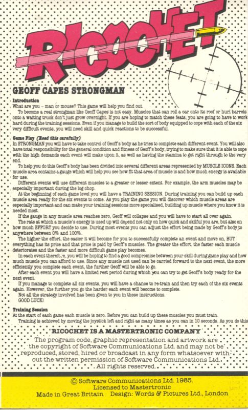 Inside Cover for Geoff Capes Strongman (ZX Spectrum) (Ricochet! Release)