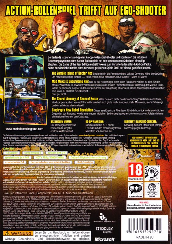 Back Cover for Borderlands: Game of the Year Edition (Xbox 360)