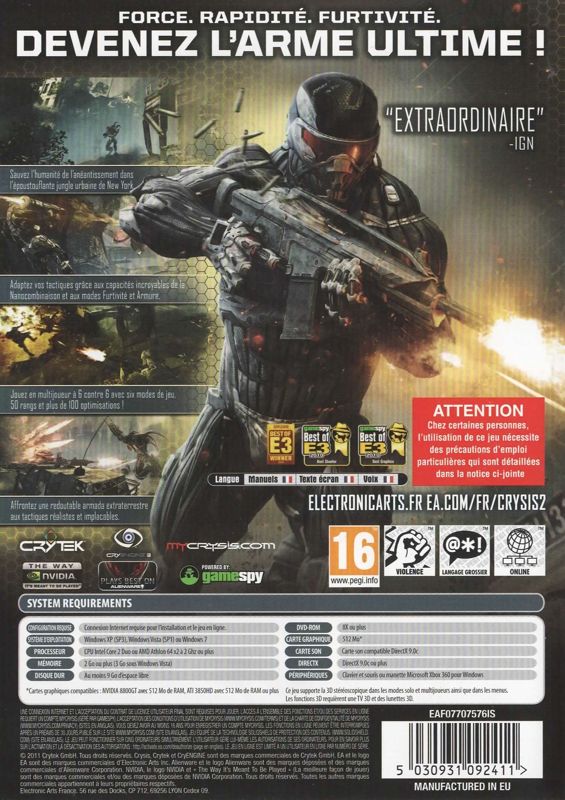 Back Cover for Crysis 2 (Windows)