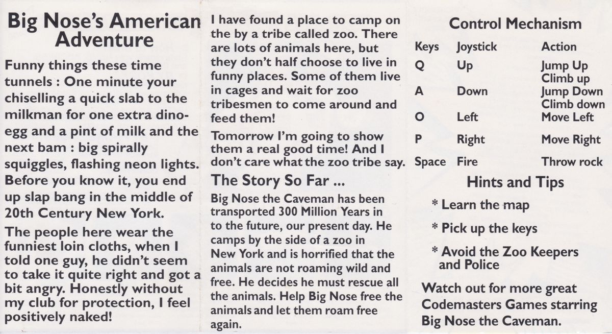 Inside Cover for Big Nose's American Adventure (ZX Spectrum): Left