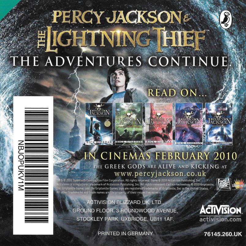 Manual for Percy Jackson and The Olympians: The Lightning Thief (Nintendo DS): Back
