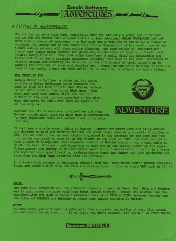 Extras for A Fistful of Necronomicons (ZX Spectrum): Story Sheet