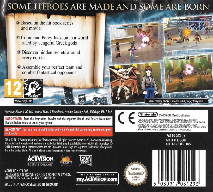 Back Cover for Percy Jackson and The Olympians: The Lightning Thief (Nintendo DS)