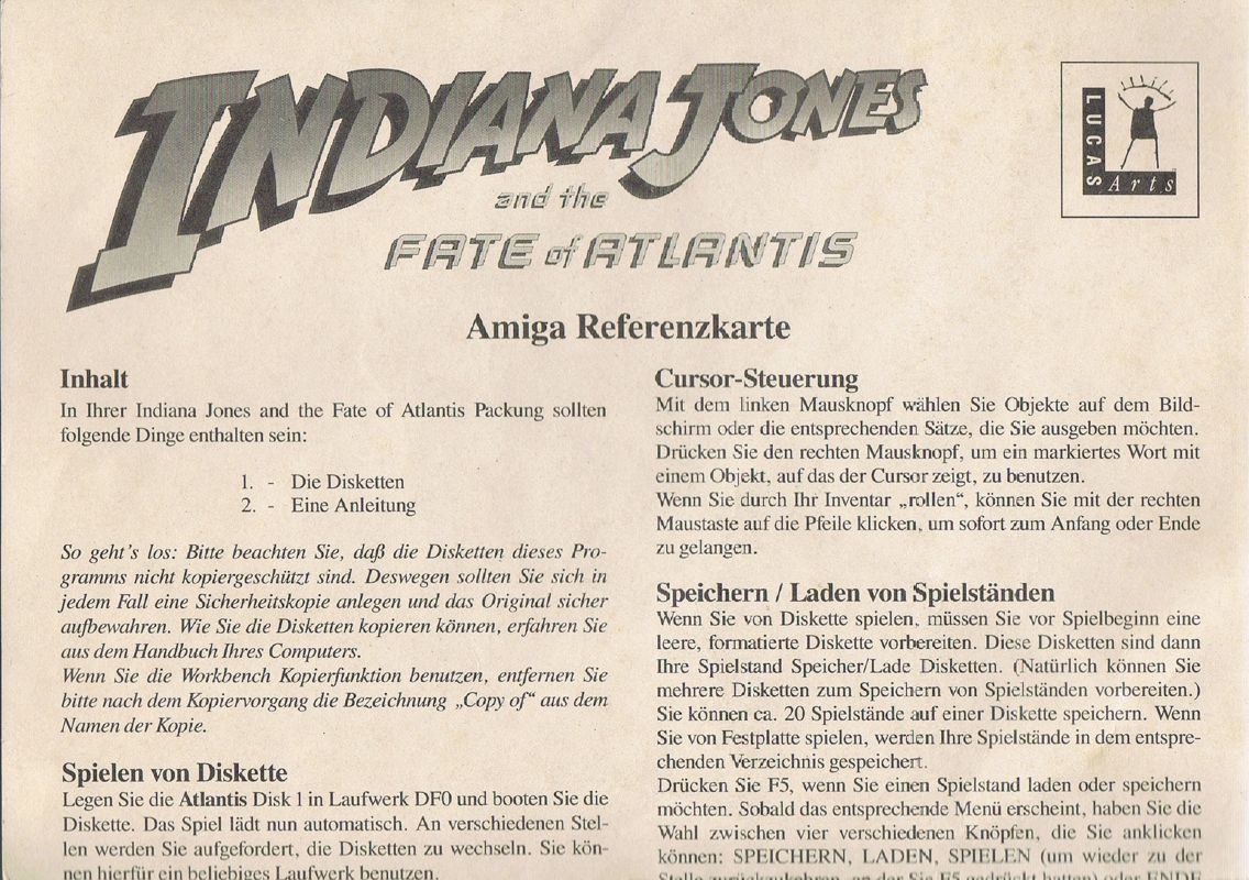 Reference Card for Indiana Jones and the Fate of Atlantis (Amiga): Front