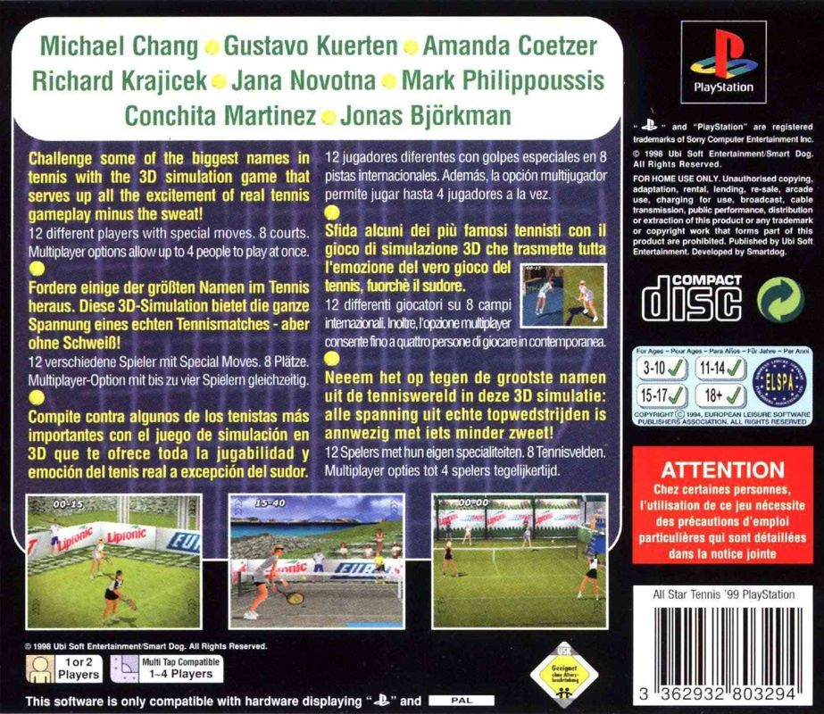 Back Cover for All Star Tennis '99 (PlayStation)