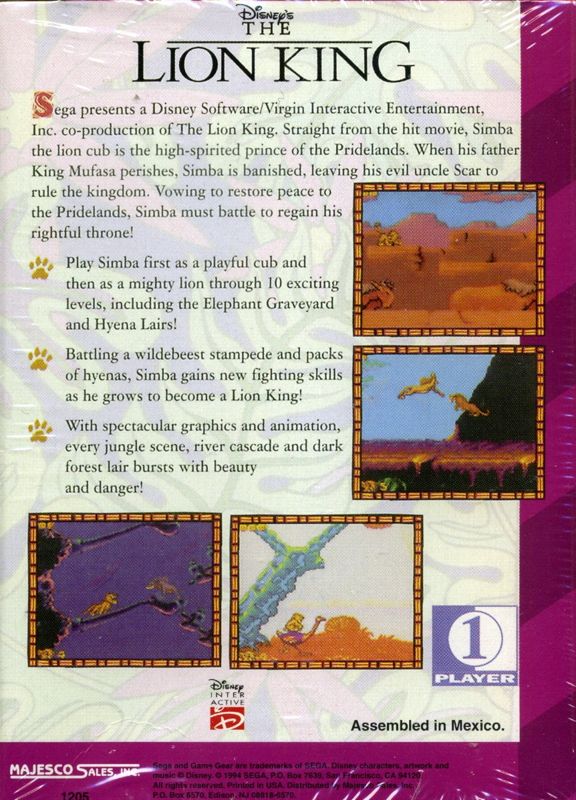 Back Cover for The Lion King (Game Gear) (Majesco re-release)