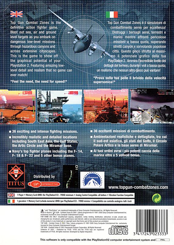 Back Cover for Top Gun: Combat Zones (PlayStation 2)