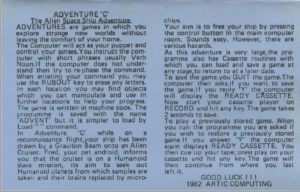 Inside Cover for Adventure C (ZX81)