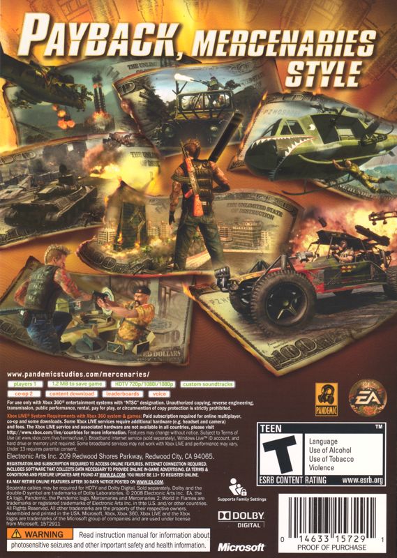 Back Cover for Mercenaries 2: World in Flames (Xbox 360)