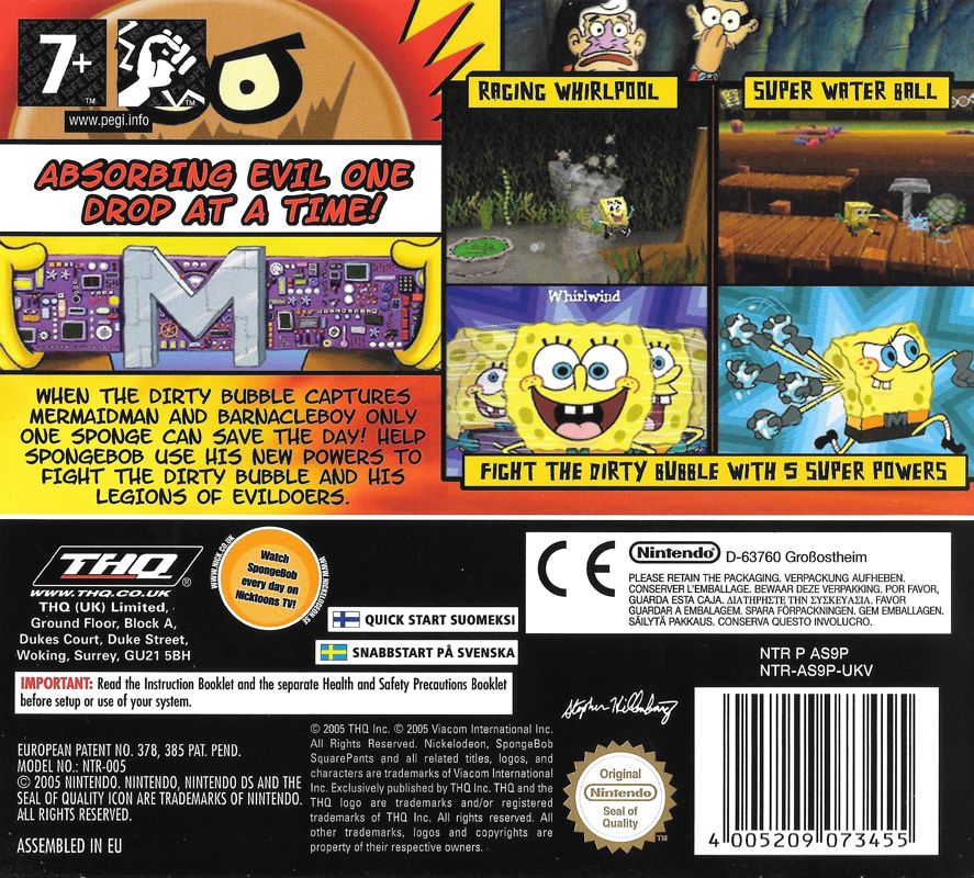 Back Cover for SpongeBob SquarePants: The Yellow Avenger (Nintendo DS)