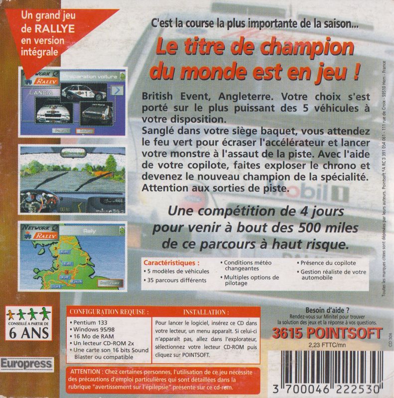 Back Cover for Network Q RAC Rally (DOS) (LES GRANDS JEUX : Collection "10 ans de jeux vidéo" release)