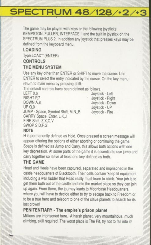 Inside Cover for Head Over Heels (ZX Spectrum) (The Hit Squad release)