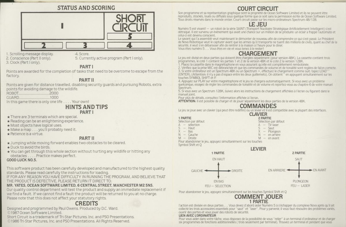 Inside Cover for Short Circuit (ZX Spectrum)