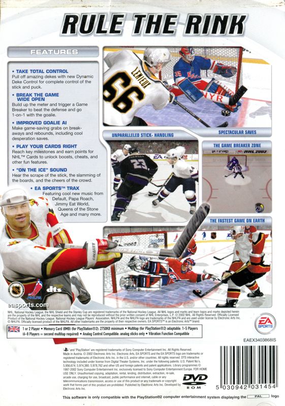 Back Cover for NHL 2003 (PlayStation 2)