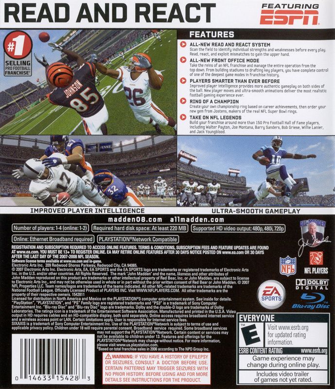 Back Cover for Madden NFL 08 (PlayStation 3)