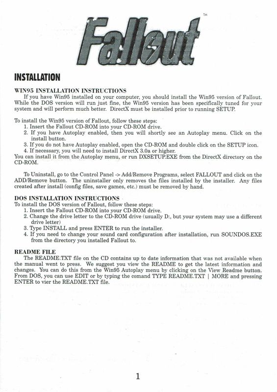 Extras for Fallout (Windows): Install Instructions - Front