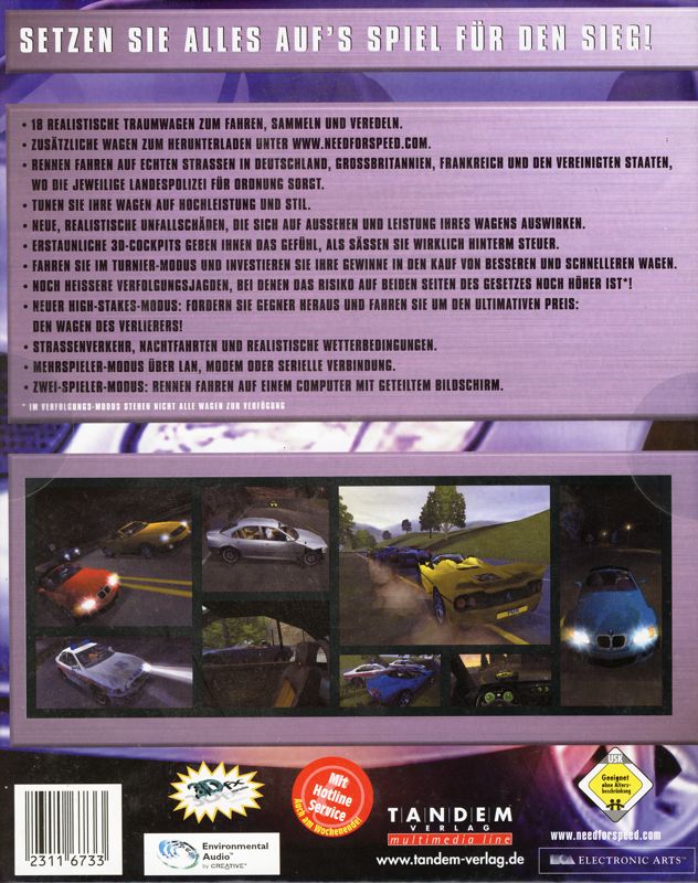 Back Cover for Need for Speed: High Stakes (Windows) (Tandem-Verlag release)
