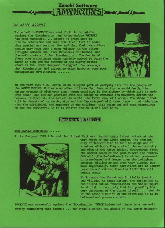 Extras for Aztec Assault (ZX Spectrum): Story Sheet