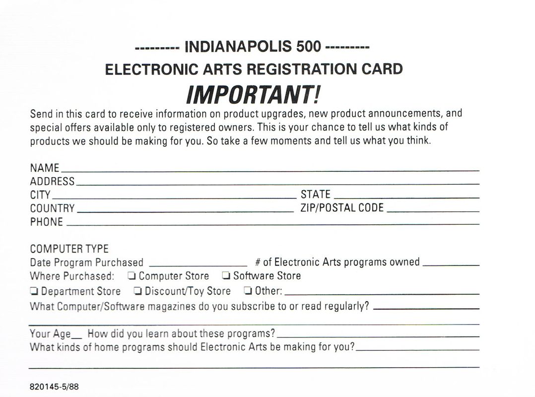 Extras for Power Game II (DOS): Registration Card - Indianapolis 500 - Back